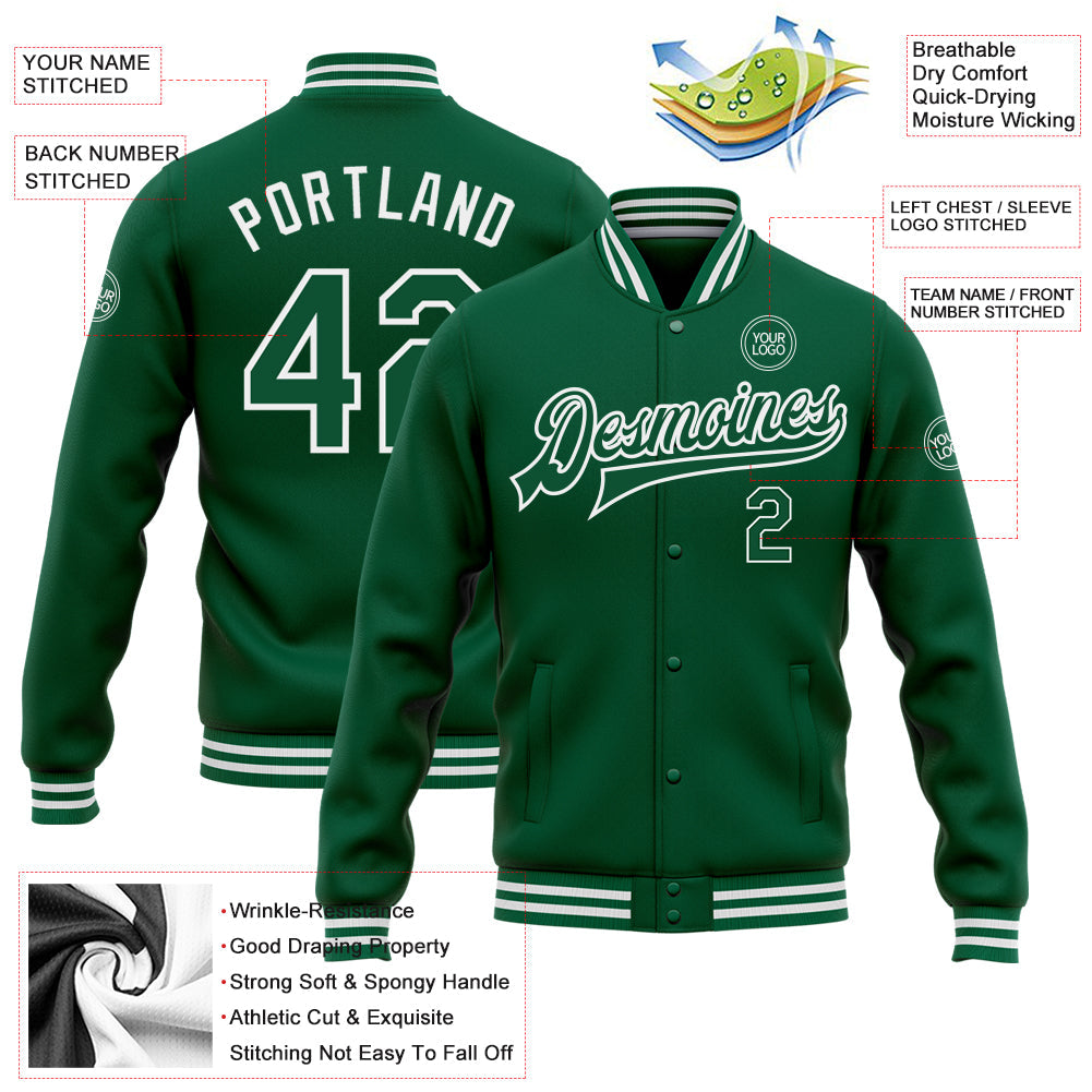 Custom Kelly Green White Bomber Full-Snap Varsity Letterman Jacket view 5