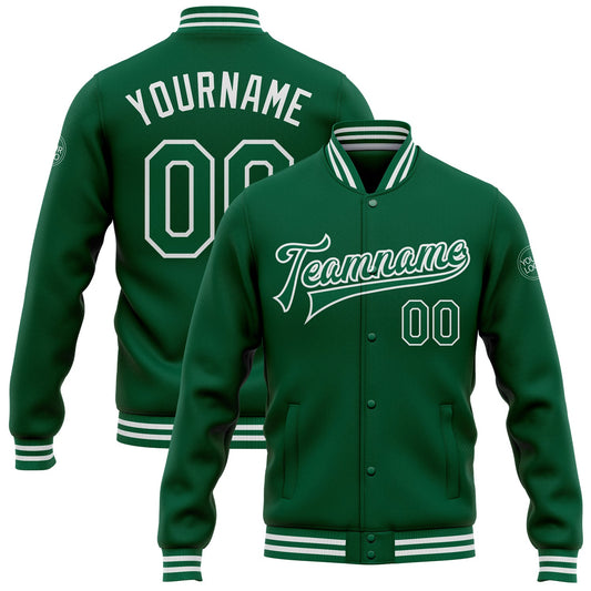 Custom Kelly Green White Bomber Full-Snap Varsity Letterman Jacket - Main View
