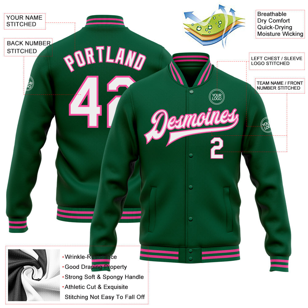 Custom Kelly Green White-Pink Bomber Full-Snap Varsity Letterman Jacket view 5