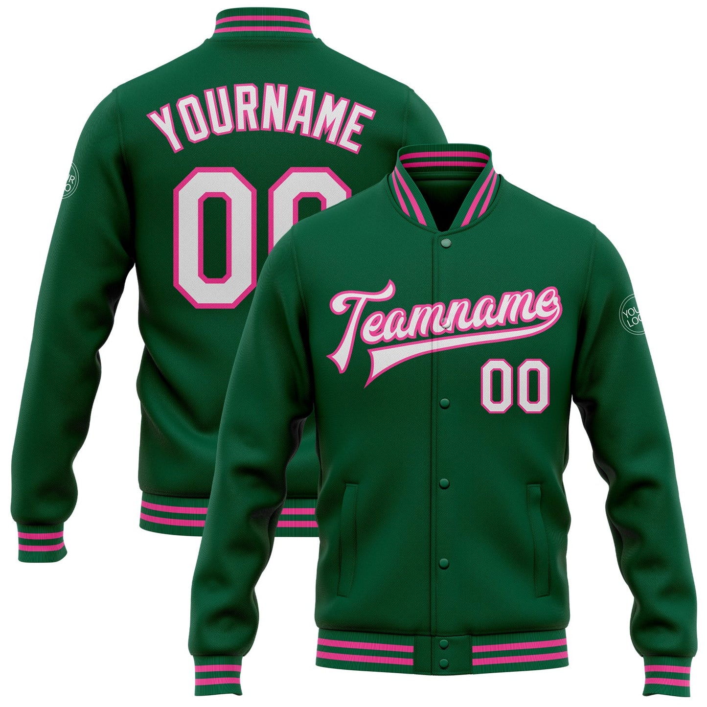 Custom Kelly Green White-Pink Bomber Full-Snap Varsity Letterman Jacket - Main View
