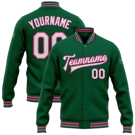 Custom Kelly Green White-Pink Bomber Full-Snap Varsity Letterman Jacket - Main View