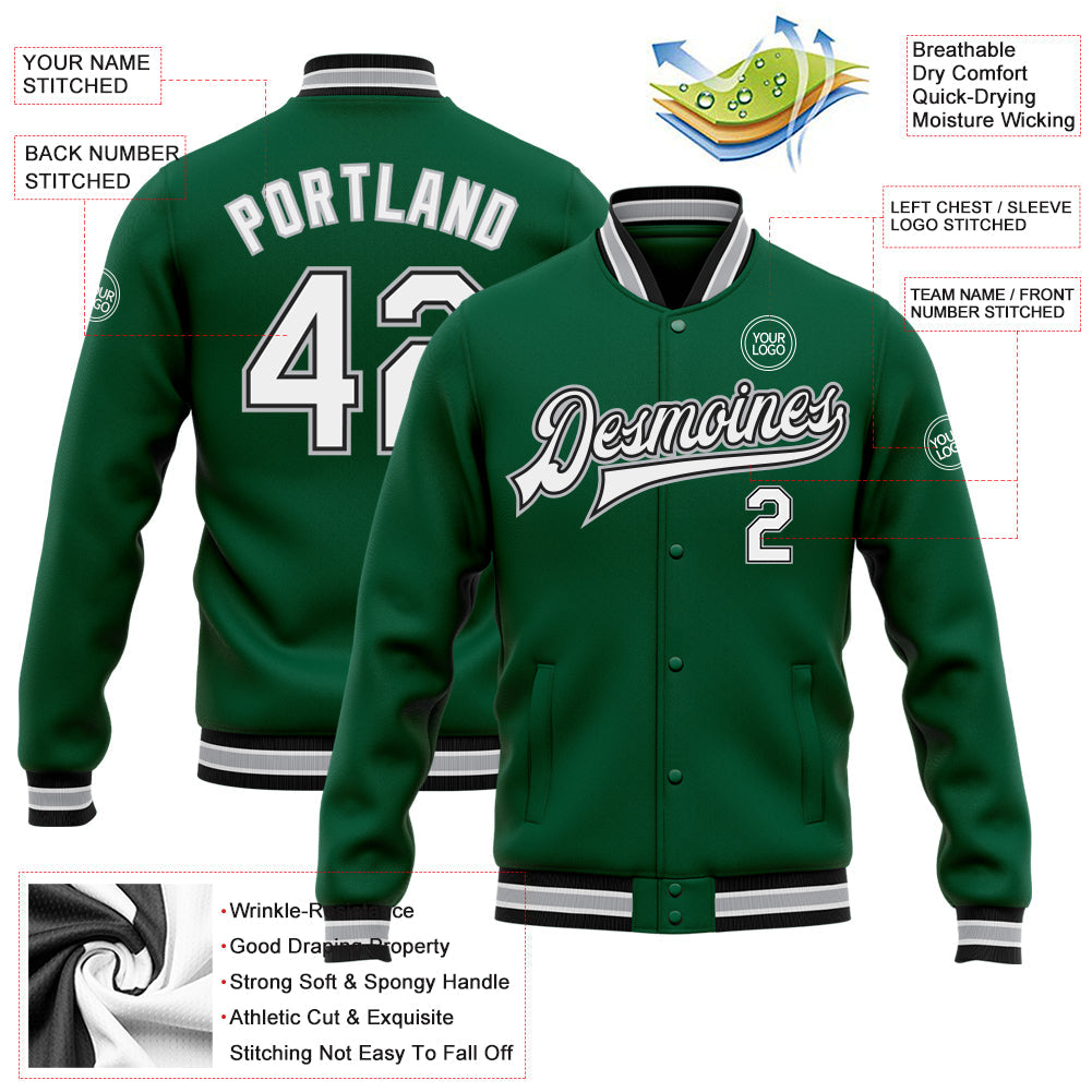 Custom Kelly Green White Black-Gray Bomber Full-Snap Varsity Letterman Jacket view 5
