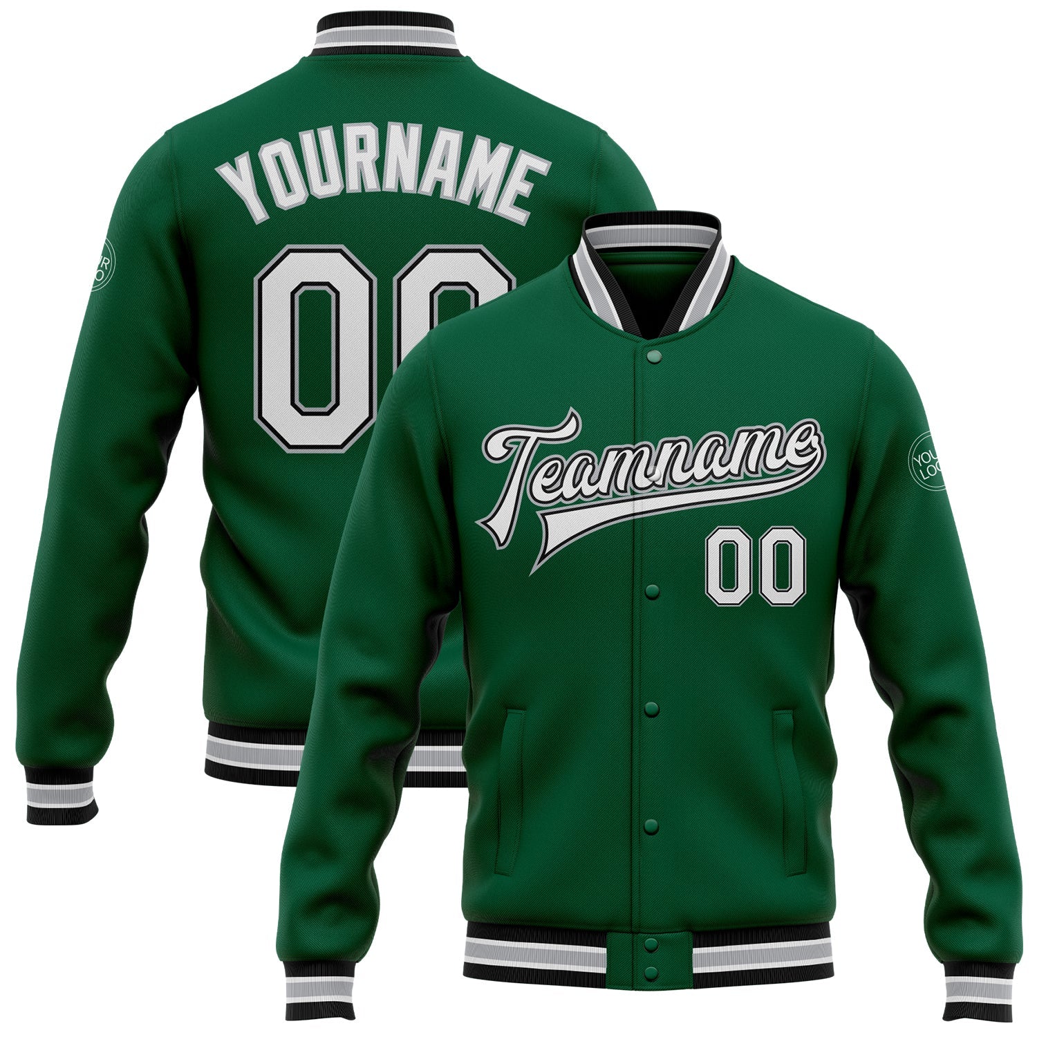 Custom Kelly Green White Black-Gray Bomber Full-Snap Varsity Letterman Jacket - Main View
