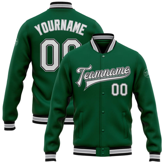 Custom Kelly Green White Black-Gray Bomber Full-Snap Varsity Letterman Jacket - Main View
