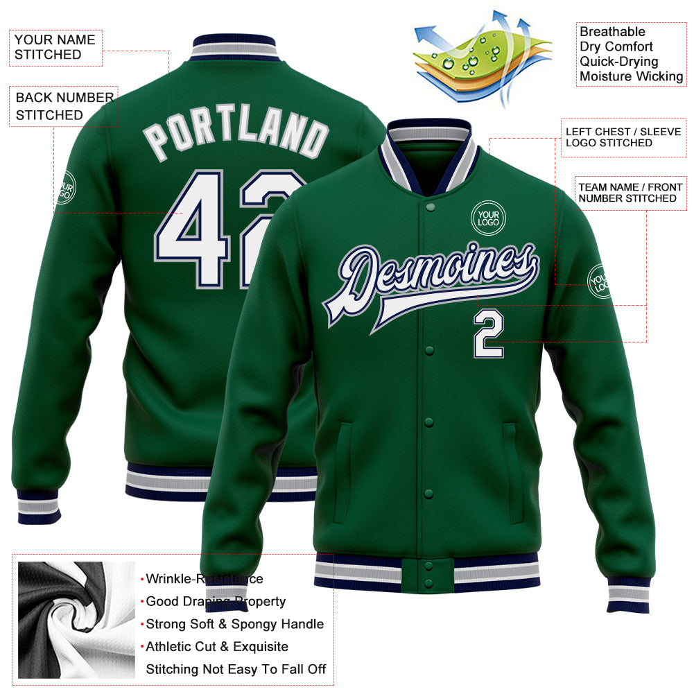 Custom Kelly Green White Navy-Gray Bomber Full-Snap Varsity Letterman Jacket view 5