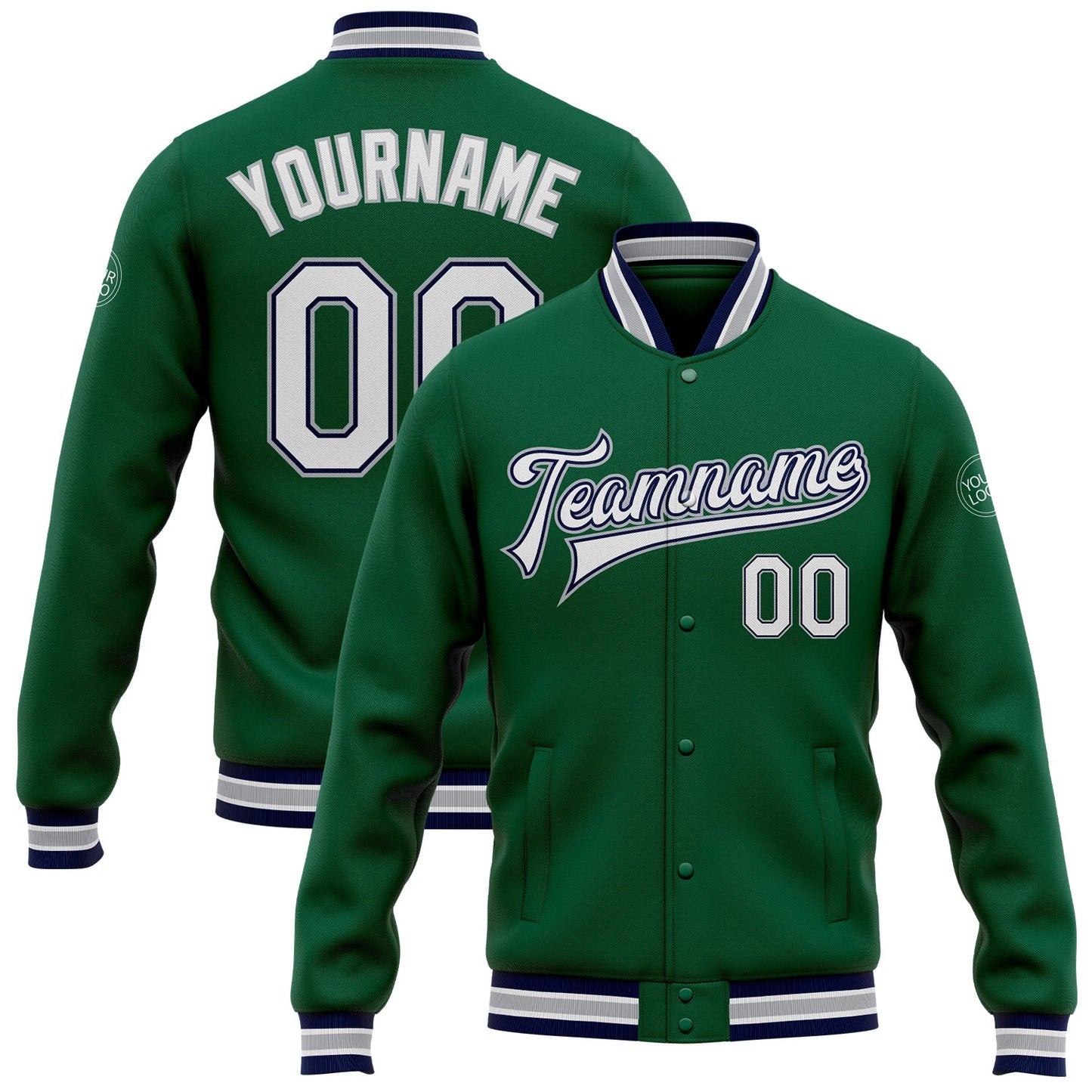 Custom Kelly Green White Navy-Gray Bomber Full-Snap Varsity Letterman Jacket - Main View