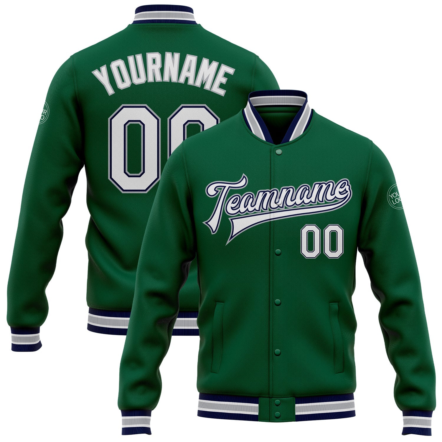 Custom Kelly Green White Navy-Gray Bomber Full-Snap Varsity Letterman Jacket - Main View