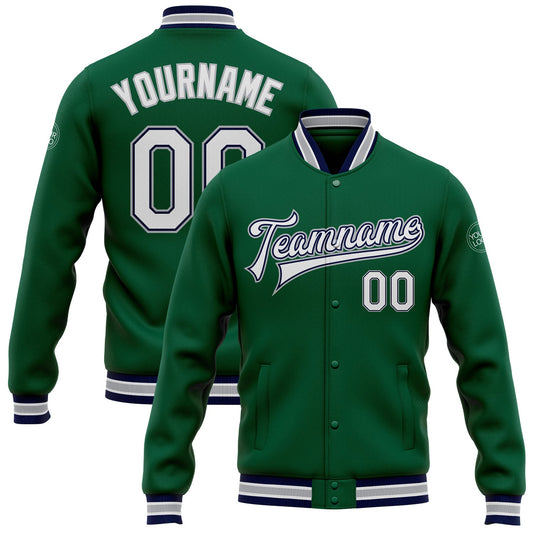 Custom Kelly Green White Navy-Gray Bomber Full-Snap Varsity Letterman Jacket - Main View