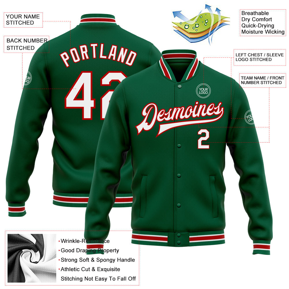 Custom Kelly Green White-Red Bomber Full-Snap Varsity Letterman Jacket view 5