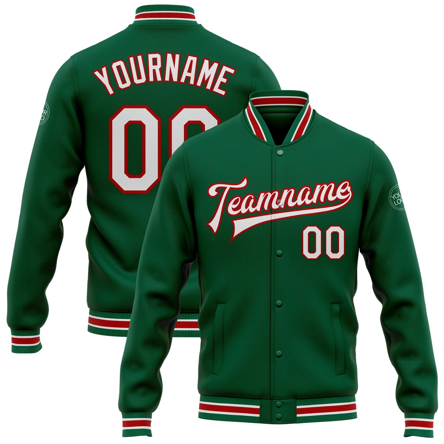 Custom Kelly Green White-Red Bomber Full-Snap Varsity Letterman Jacket - Main View