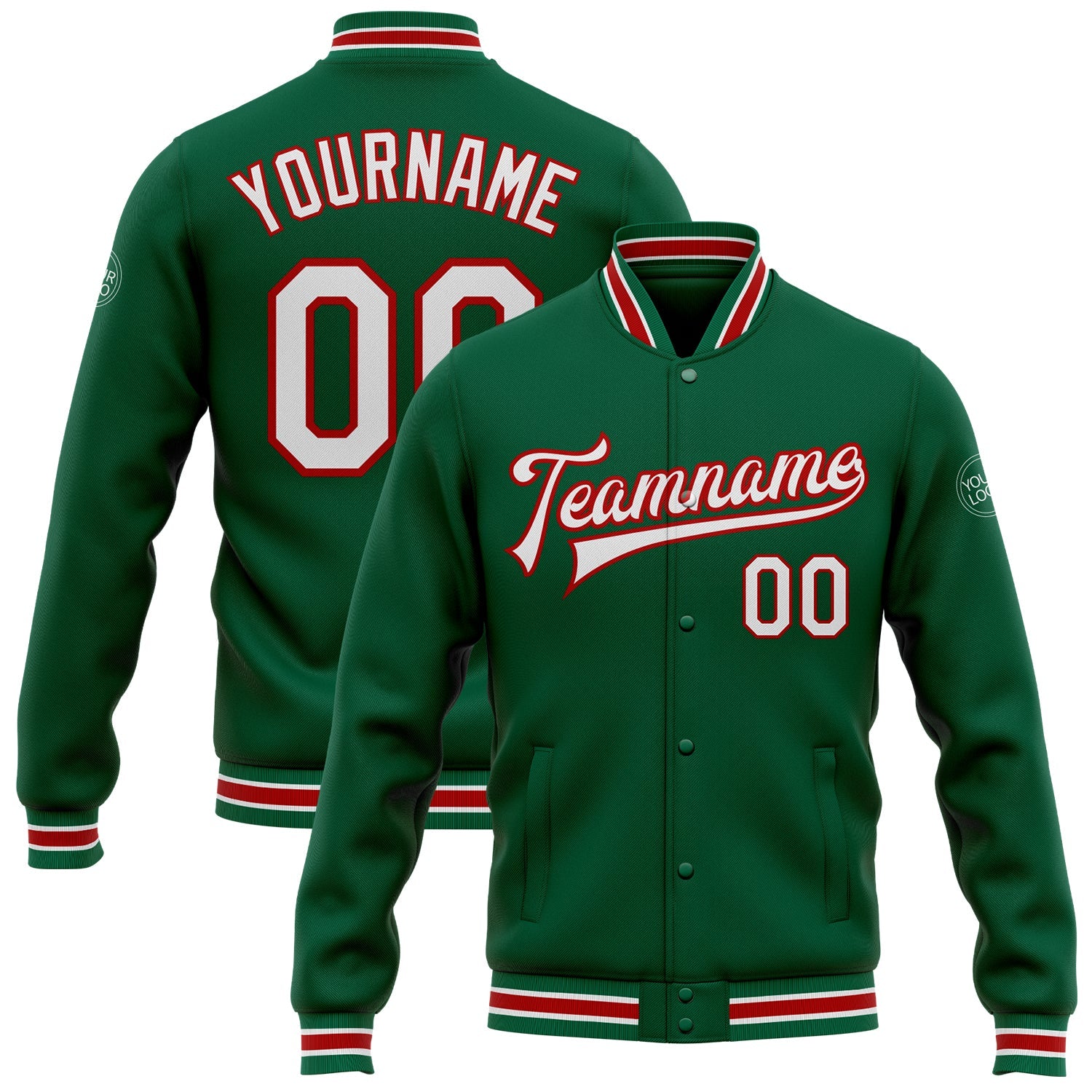 Custom Kelly Green White-Red Bomber Full-Snap Varsity Letterman Jacket - Main View