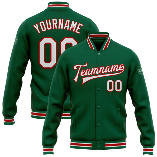 Custom Kelly Green White-Red Bomber Full-Snap Varsity Letterman Jacket - Main View