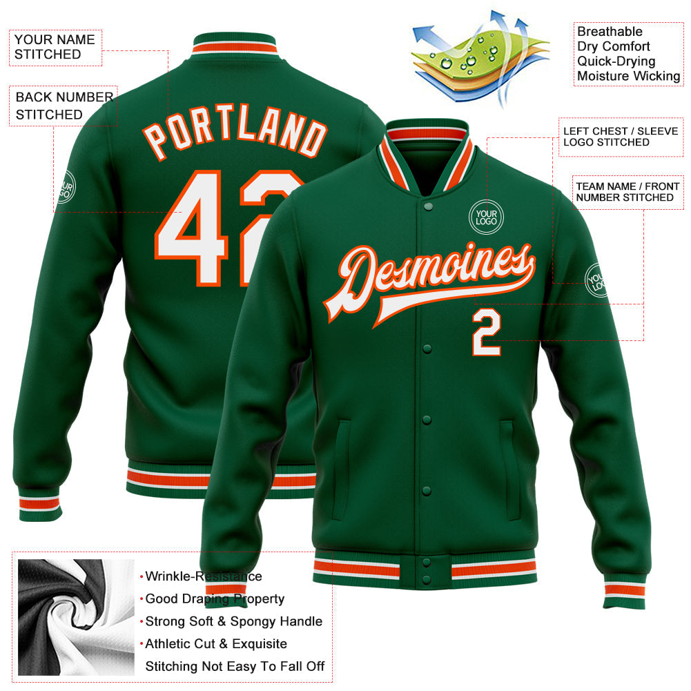 Custom Kelly Green White-Orange Bomber Full-Snap Varsity Letterman Jacket view 5