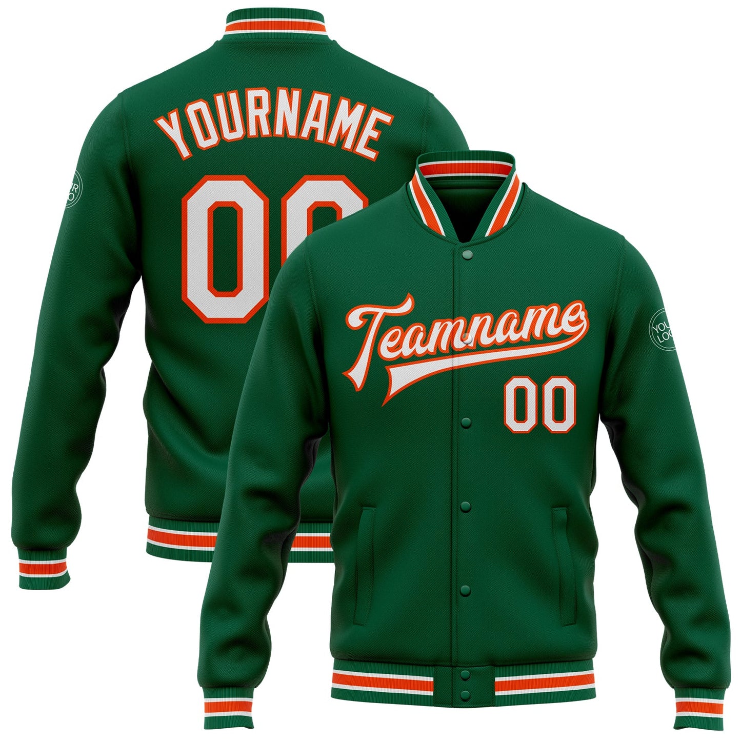 Custom Kelly Green White-Orange Bomber Full-Snap Varsity Letterman Jacket - Main View
