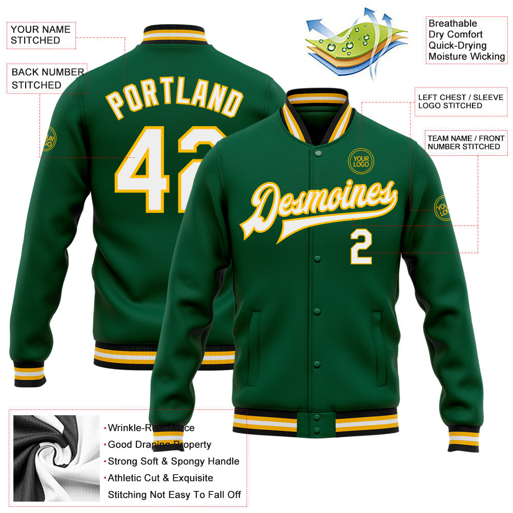 Custom Kelly Green White-Gold Bomber Full-Snap Varsity Letterman Jacket view 5