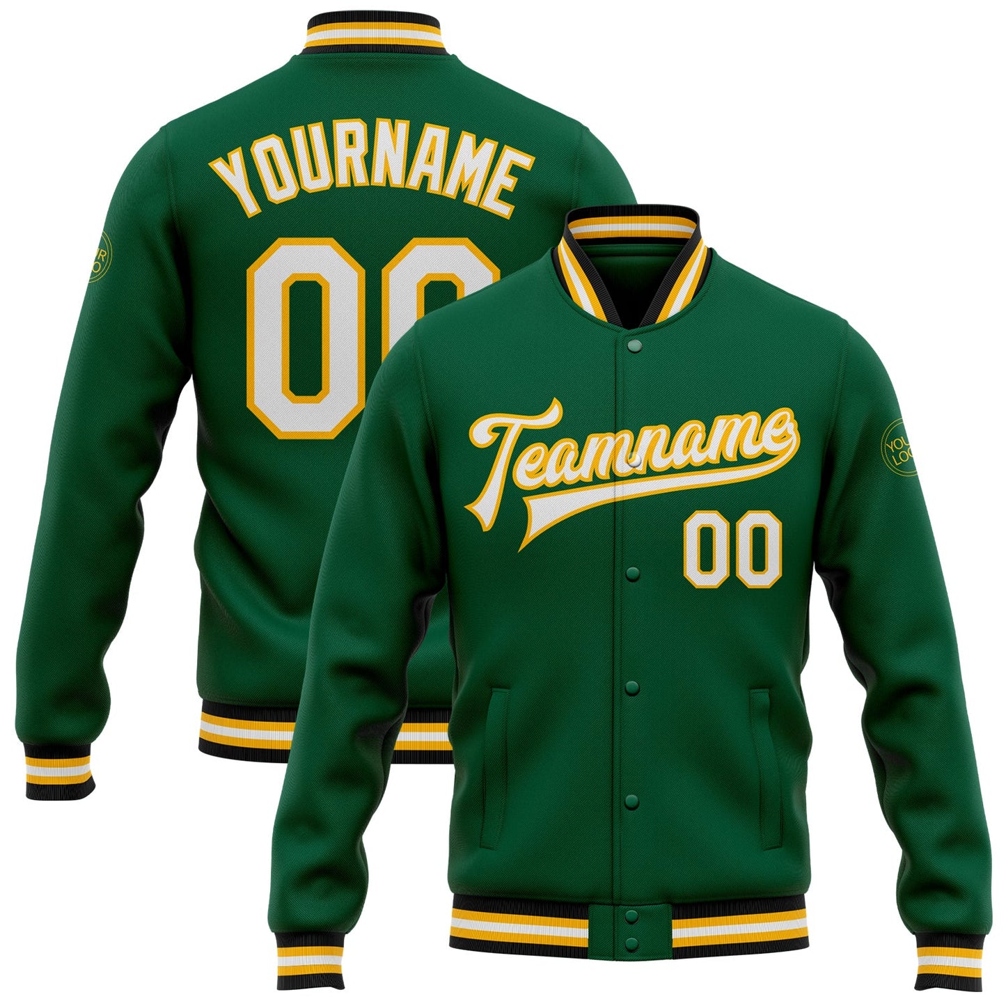 Custom Kelly Green White-Gold Bomber Full-Snap Varsity Letterman Jacket - Main View
