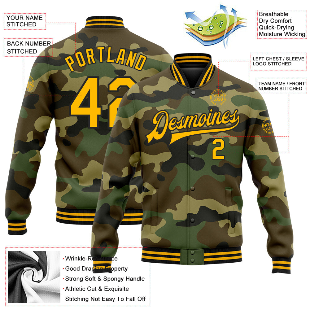 Custom Camo Gold-Black Bomber Full-Snap Varsity Letterman Salute To Service Jacket view 5