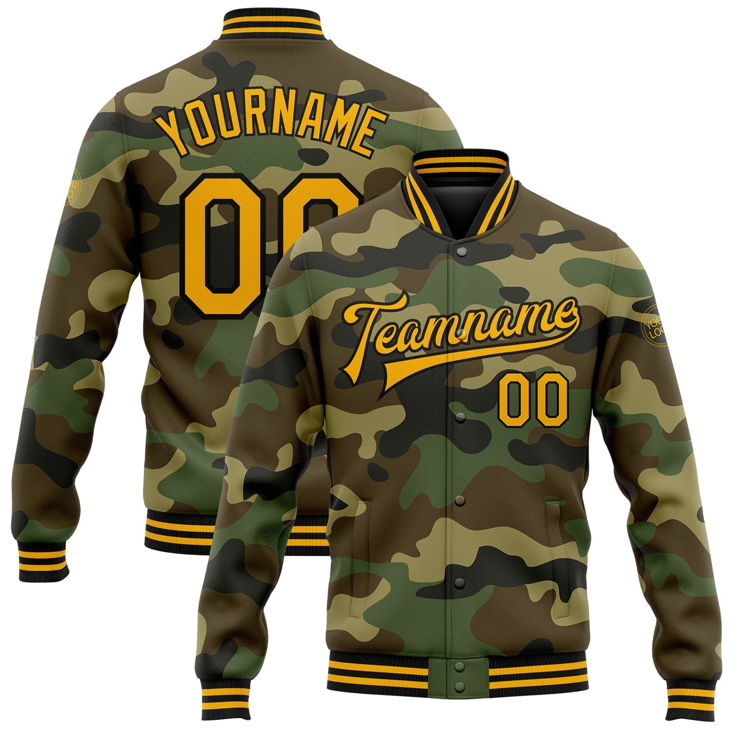Custom Camo Gold-Black Bomber Full-Snap Varsity Letterman Salute To Service Jacket - Main View