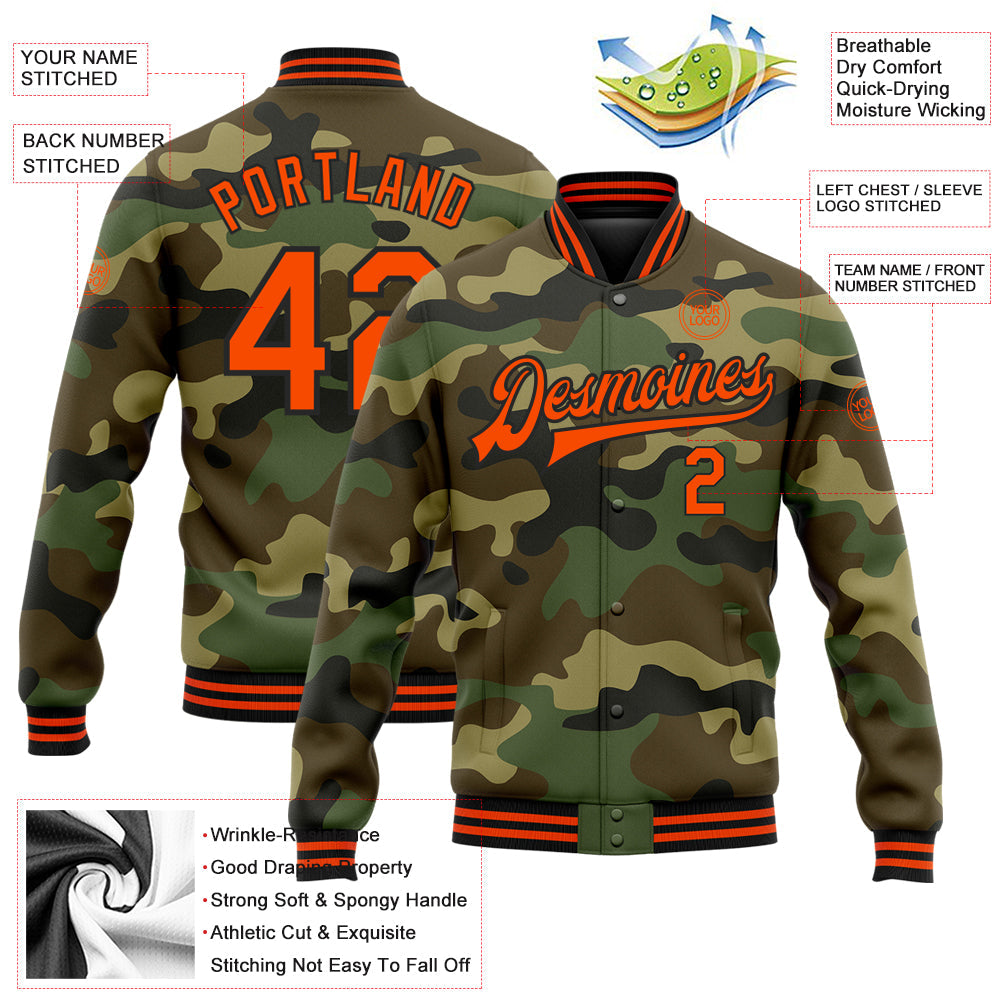 Custom Camo Orange-Black Bomber Full-Snap Varsity Letterman Salute To Service Jacket view 5