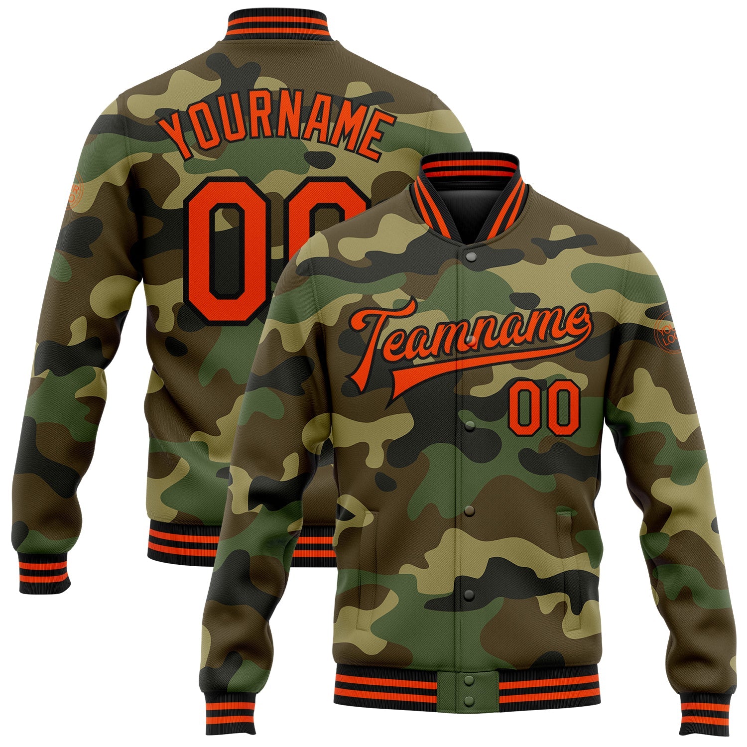 Custom Camo Orange-Black Bomber Full-Snap Varsity Letterman Salute To Service Jacket - Main View