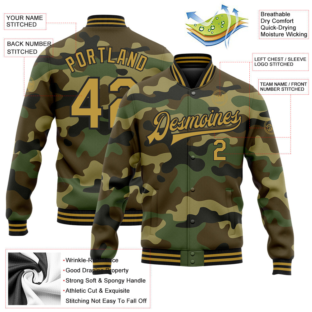 Custom Camo Old Gold-Black Bomber Full-Snap Varsity Letterman Salute To Service Jacket view 5