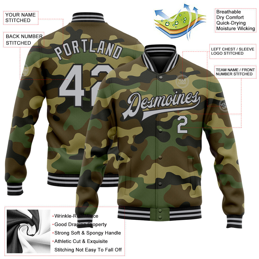 Custom Camo Gray-Black Bomber Full-Snap Varsity Letterman Salute To Service Jacket view 5