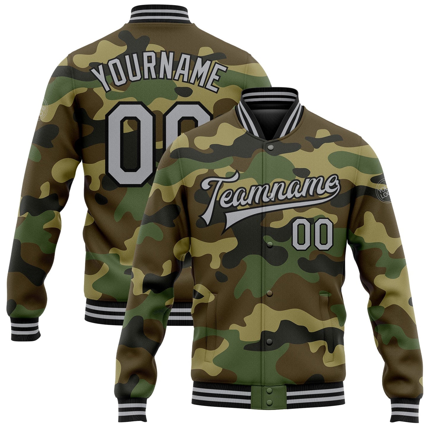 Custom Camo Gray-Black Bomber Full-Snap Varsity Letterman Salute To Service Jacket - Main View