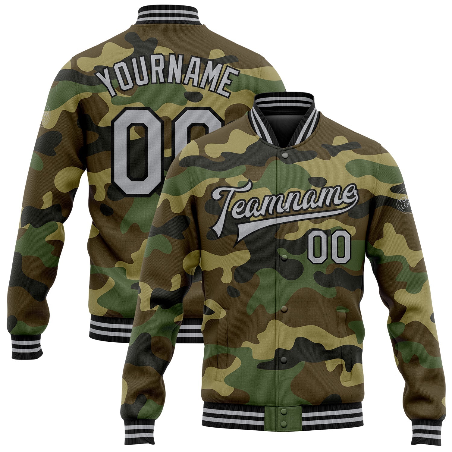 Custom Camo Gray-Black Bomber Full-Snap Varsity Letterman Salute To Service Jacket - Main View