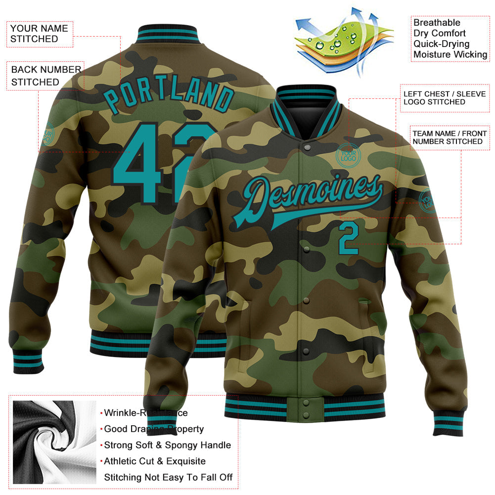 Custom Camo Teal-Black Bomber Full-Snap Varsity Letterman Salute To Service Jacket view 5