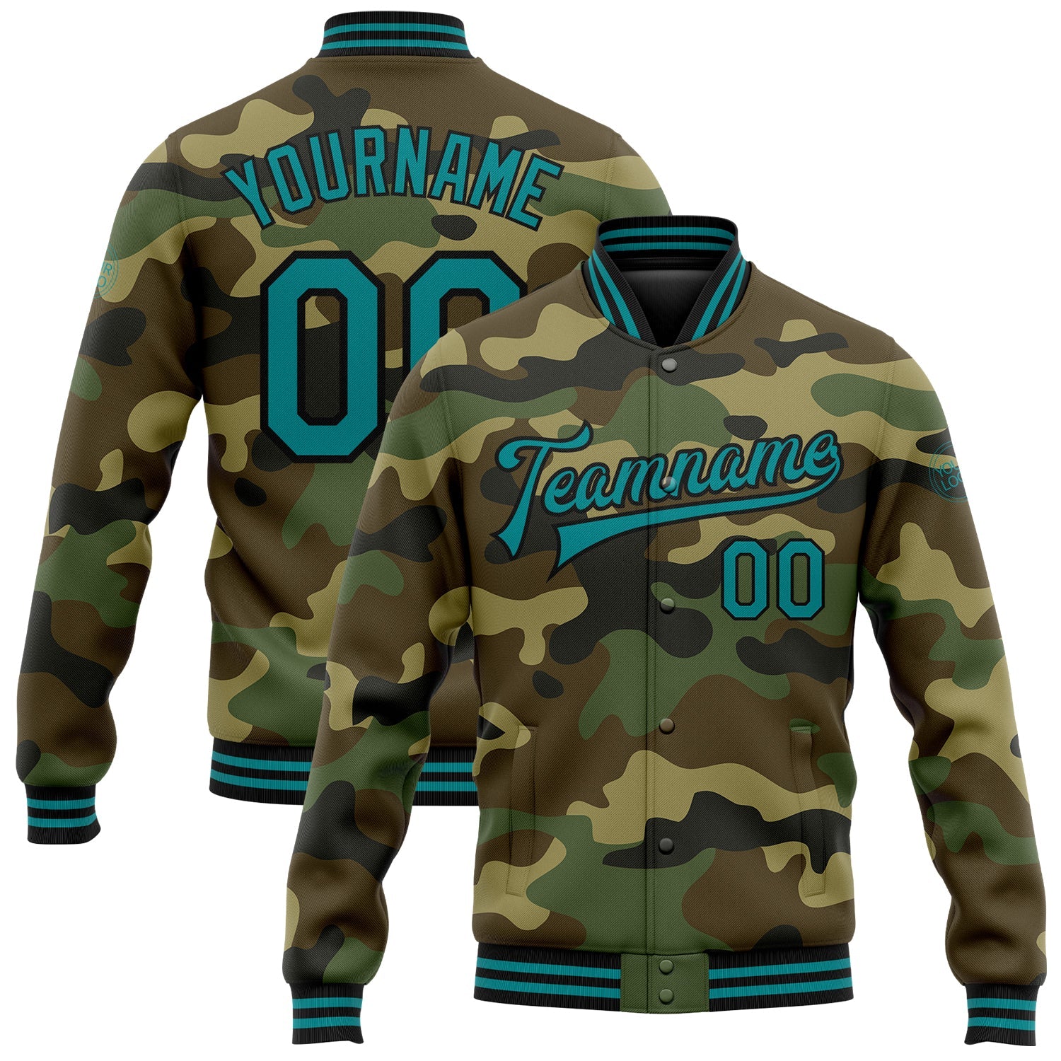 Custom Camo Teal-Black Bomber Full-Snap Varsity Letterman Salute To Service Jacket - Main View