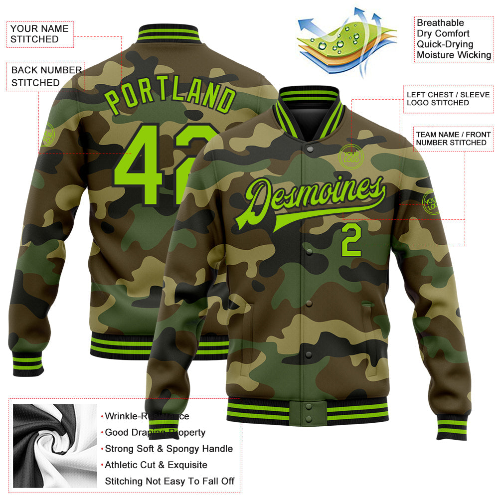 Custom Camo Neon Green-Black Bomber Full-Snap Varsity Letterman Salute To Service Jacket view 5