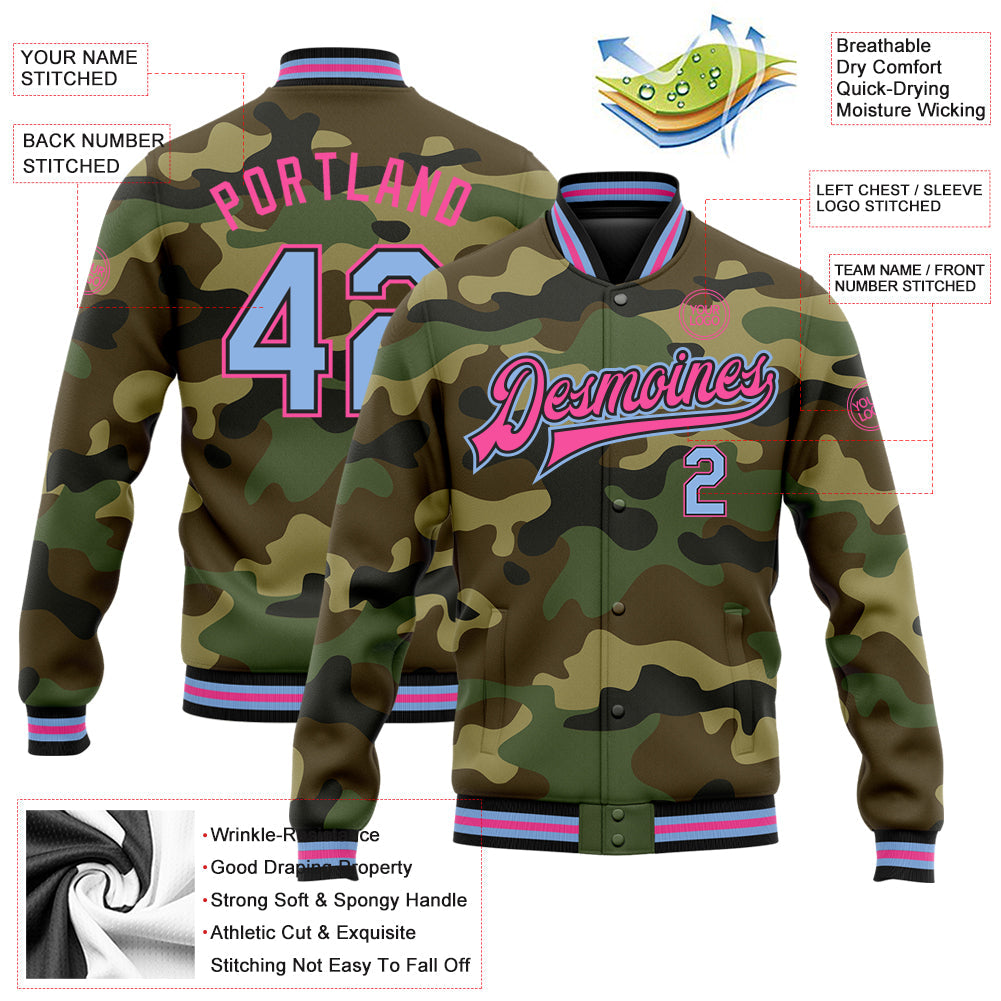 Custom Camo Light Blue Black-Pink Bomber Full-Snap Varsity Letterman Salute To Service Jacket view 5