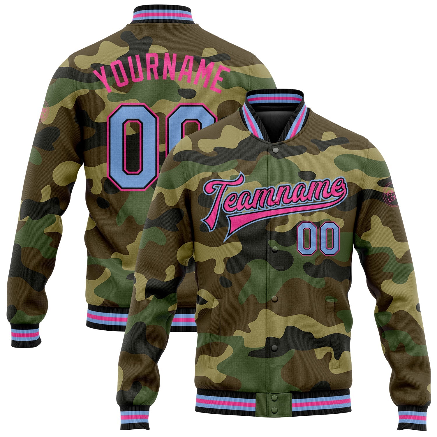 Custom Camo Light Blue Black-Pink Bomber Full-Snap Varsity Letterman Salute To Service Jacket - Main View