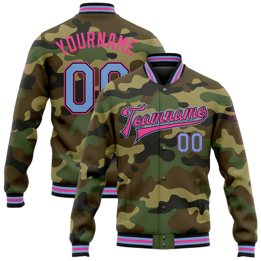 Custom Camo Light Blue Black-Pink Bomber Full-Snap Varsity Letterman Salute To Service Jacket - Main View