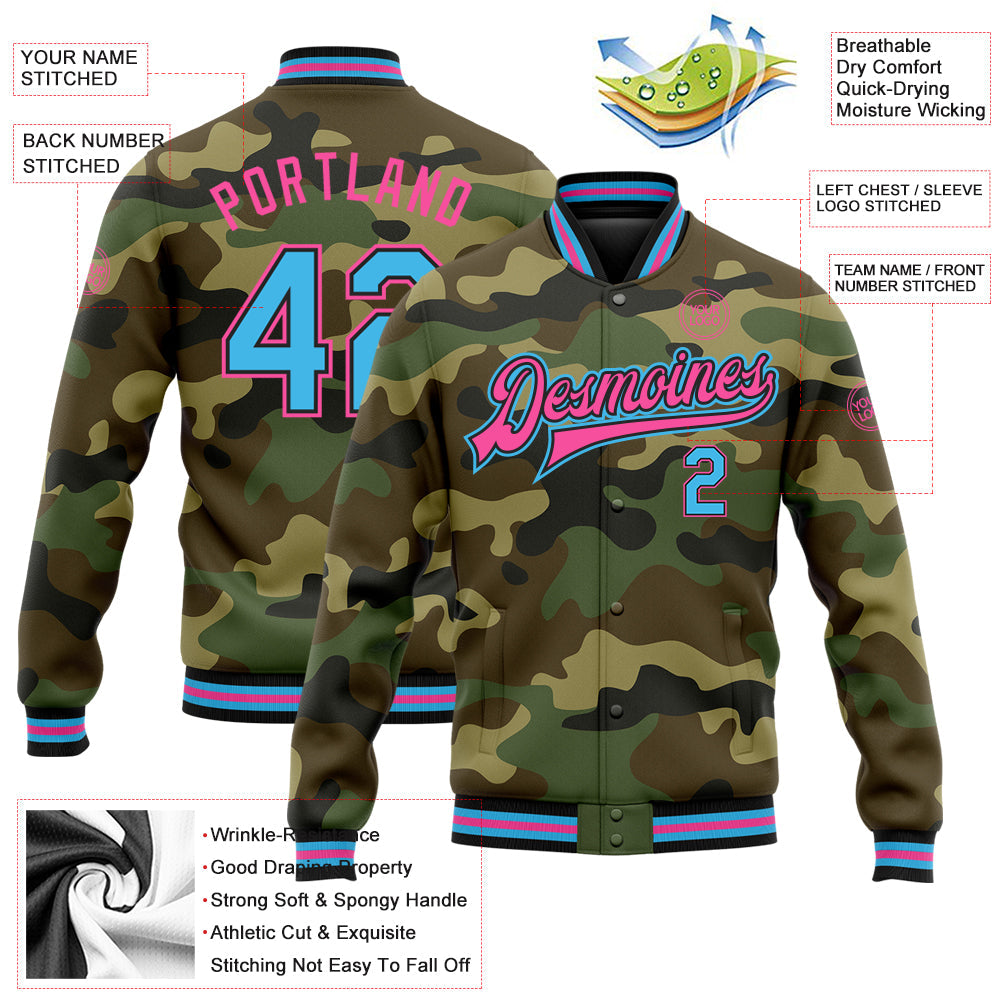 Custom Camo Sky Blue Black-Pink Bomber Full-Snap Varsity Letterman Salute To Service Jacket view 5