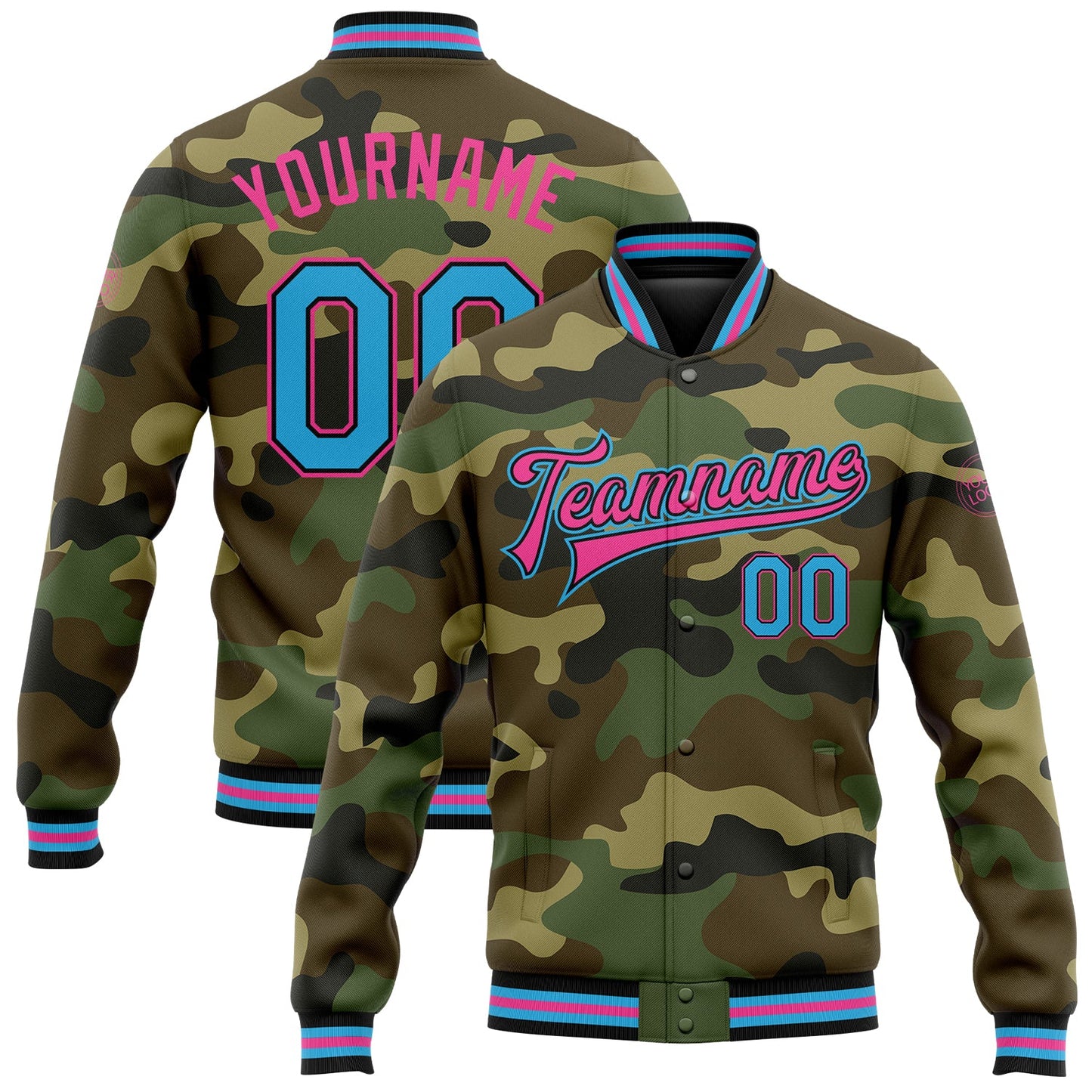 Custom Camo Sky Blue Black-Pink Bomber Full-Snap Varsity Letterman Salute To Service Jacket - Main View