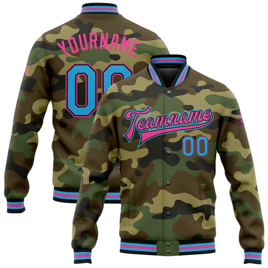 Custom Camo Sky Blue Black-Pink Bomber Full-Snap Varsity Letterman Salute To Service Jacket - Main View