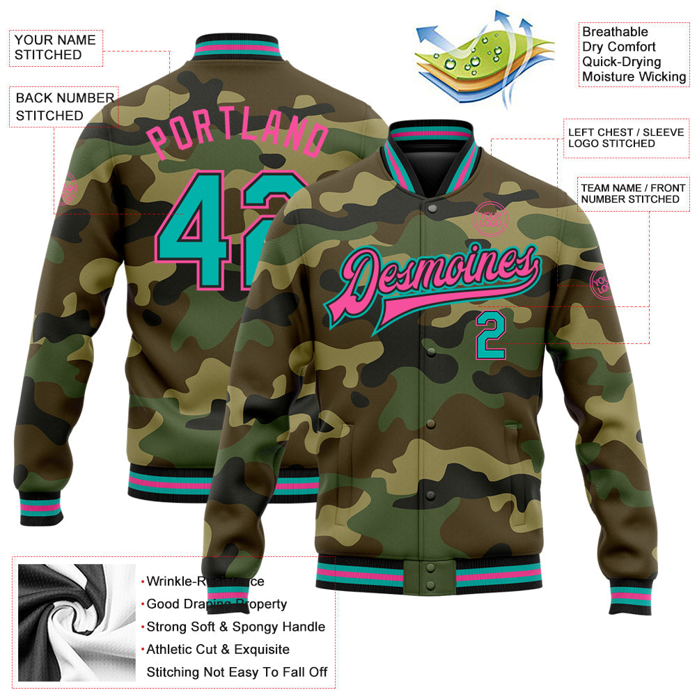 Custom Camo Aqua Black-Pink Bomber Full-Snap Varsity Letterman Salute To Service Jacket view 5