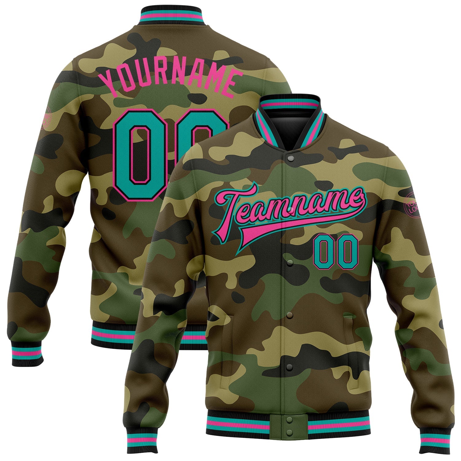 Custom Camo Aqua Black-Pink Bomber Full-Snap Varsity Letterman Salute To Service Jacket - Main View