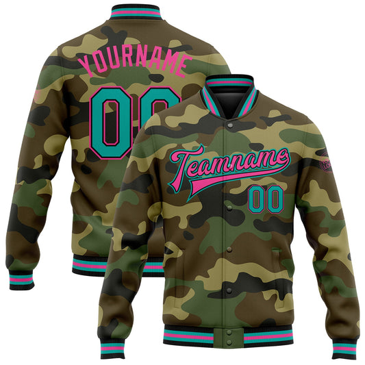 Custom Camo Aqua Black-Pink Bomber Full-Snap Varsity Letterman Salute To Service Jacket - Main View