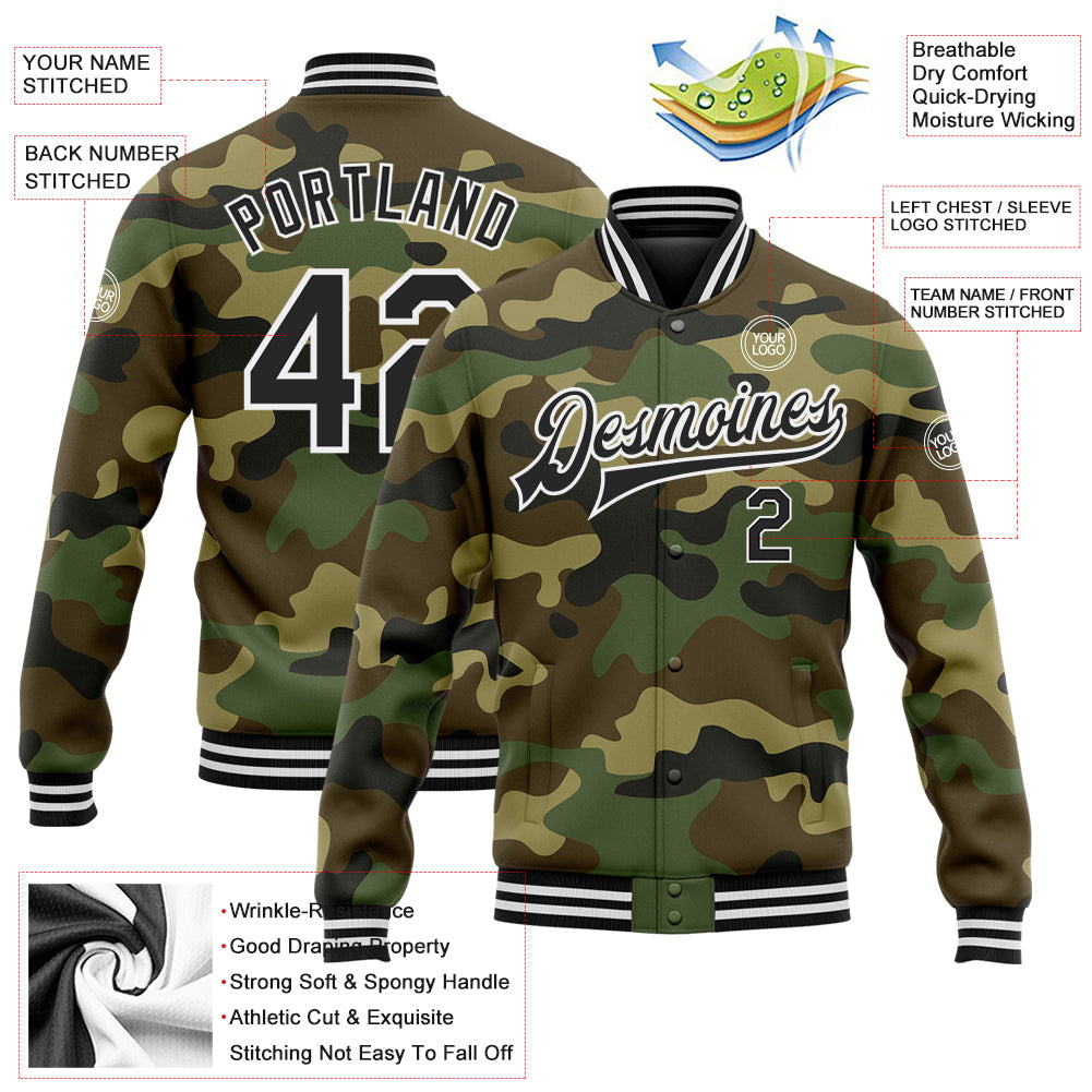 Custom Camo Black-White Bomber Full-Snap Varsity Letterman Salute To Service Jacket view 5