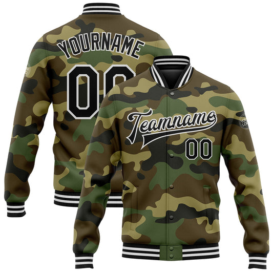 Custom Camo Black-White Bomber Full-Snap Varsity Letterman Salute To Service Jacket - Main View
