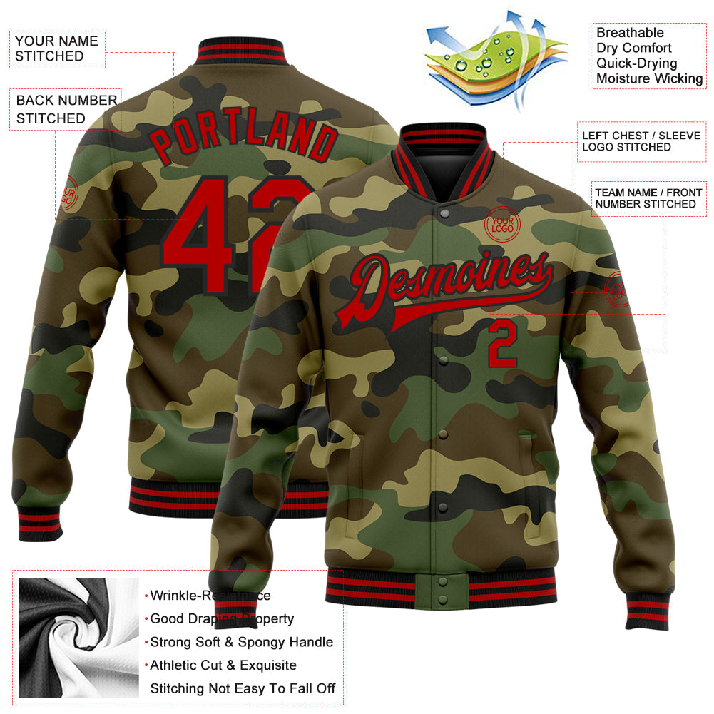 Custom Camo Red-Black Bomber Full-Snap Varsity Letterman Salute To Service Jacket view 5