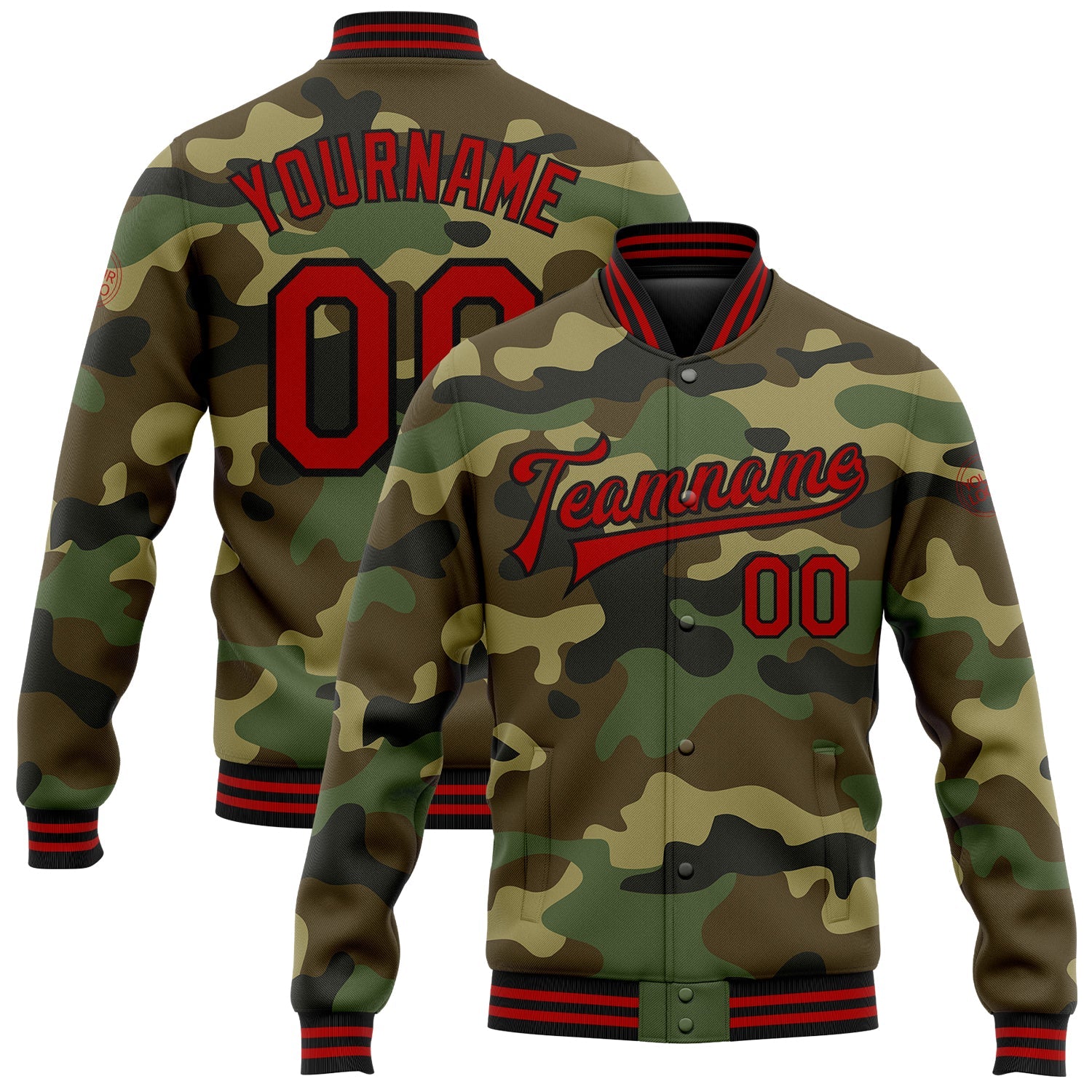 Custom Camo Red-Black Bomber Full-Snap Varsity Letterman Salute To Service Jacket - Main View