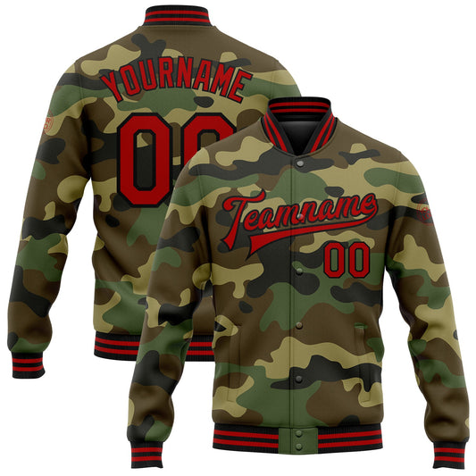 Custom Camo Red-Black Bomber Full-Snap Varsity Letterman Salute To Service Jacket - Main View