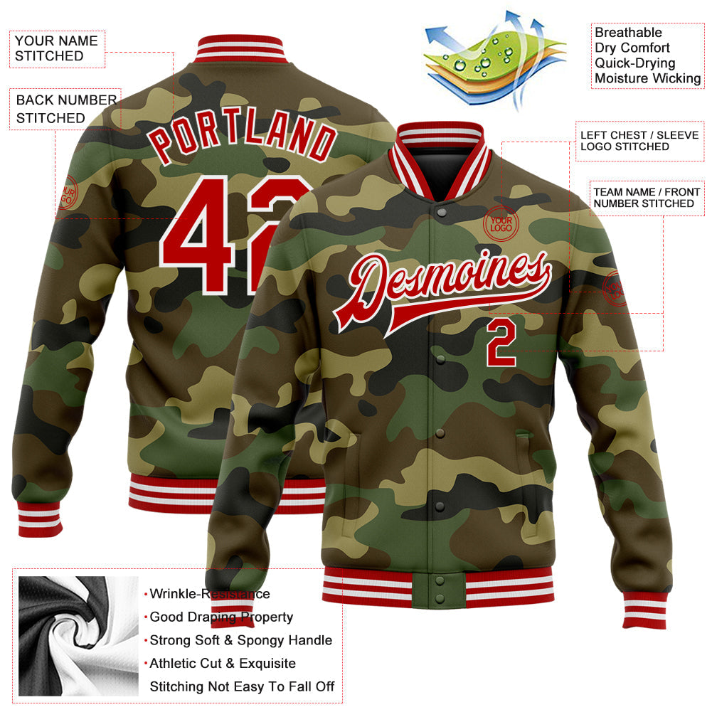 Custom Camo Red-White Bomber Full-Snap Varsity Letterman Salute To Service Jacket view 5
