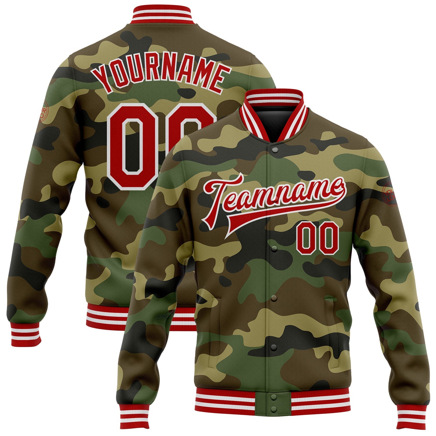Custom Camo Red-White Bomber Full-Snap Varsity Letterman Salute To Service Jacket - Main View