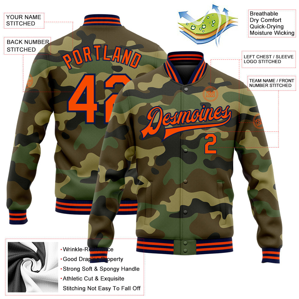 Custom Camo Orange-Navy Bomber Full-Snap Varsity Letterman Salute To Service Jacket view 5