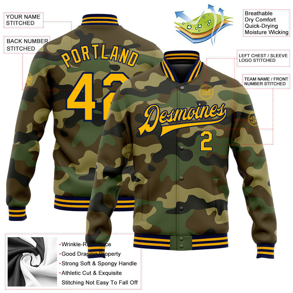Custom Camo Gold-Navy Bomber Full-Snap Varsity Letterman Salute To Service Jacket view 5