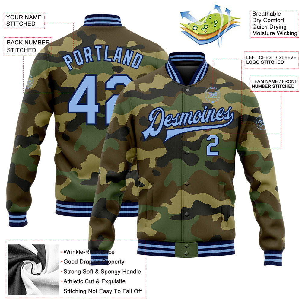Custom Camo Light Blue-Navy Bomber Full-Snap Varsity Letterman Salute To Service Jacket view 5